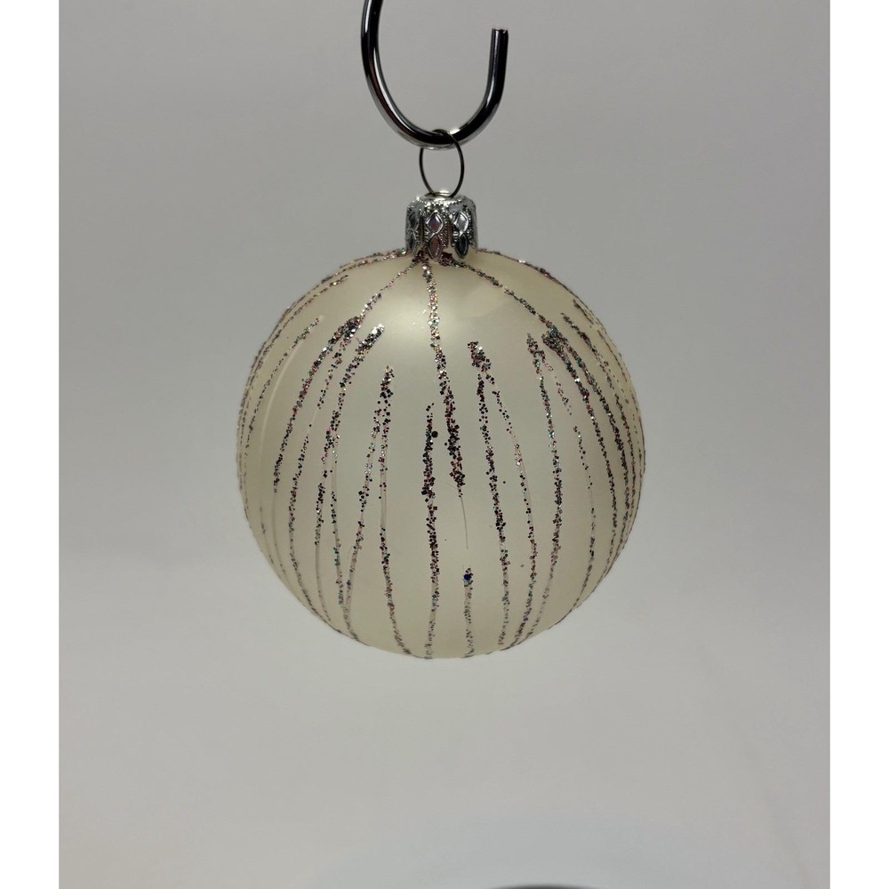 West Germany Vintage 3" Blown Glass Ornament Frosted White w/ Glitter Stripes